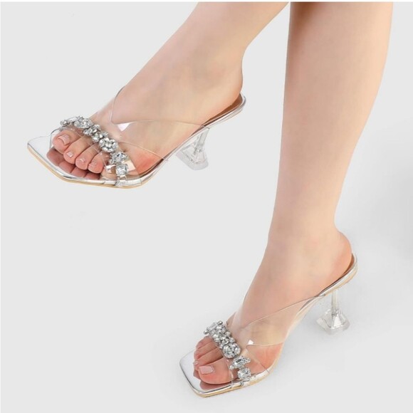 mysoft Clear Heeled Square Toe Crystal Embellished Mules Size 10 New in Box - Picture 6 of 6